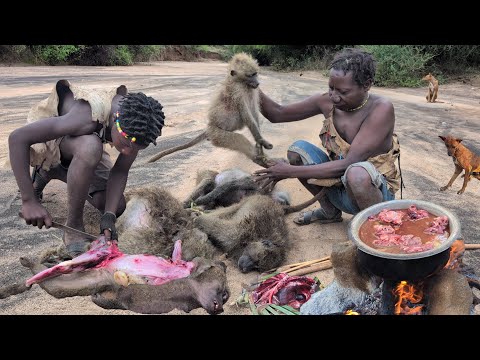 Hadza hunt and cooking meat Lunch.