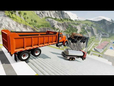 Heavy Vehicle Long Stairs Jumps Down With Slow Motion (Crash Test) - BeamNG.drive Down Stairs Jumps