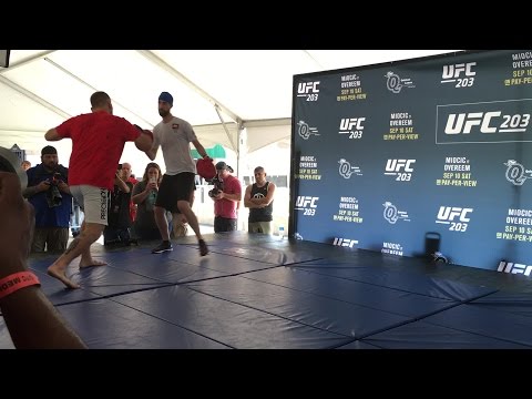 UFC Heavyweight Champion Stipe Miocic throws a few punches during open workouts