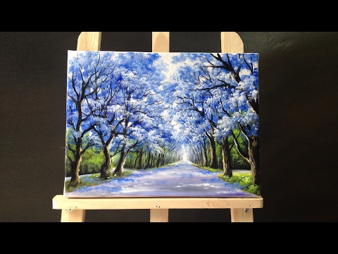 Pretty tree line road acrylic painting