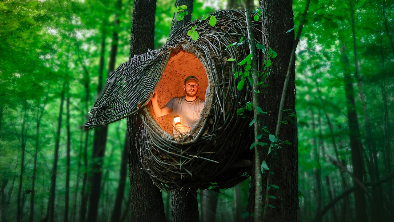 Building a Warm and Cozy NEST | Bushcraft tree house, Survival shelter