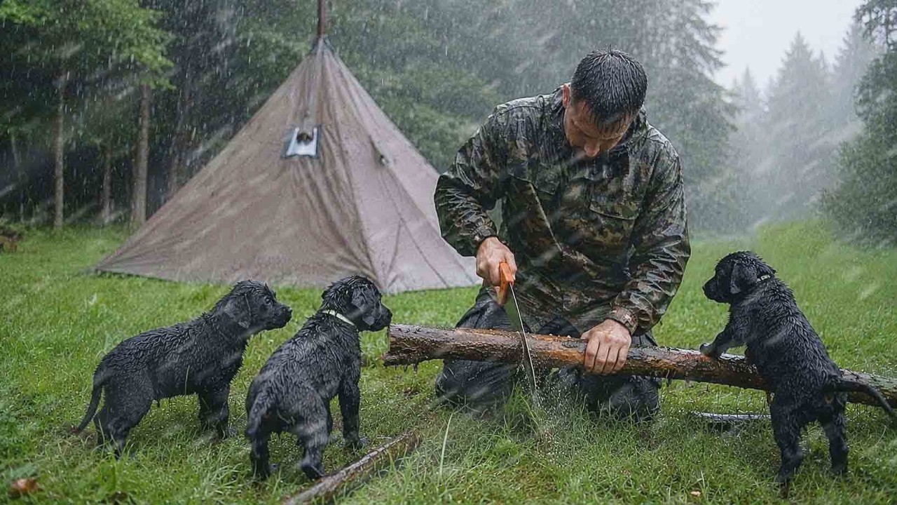 Hot Tent Camping With 3 Puppies in Heavy Rain… They Were Shaking From Cold ⛈️🐶
