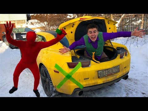 Red Man found Scotch Tape VS Mr. Joe in Trunk Car & Started Funny Race on Chevy Camaro for Kids