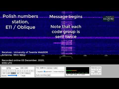 Numbers Station, Polish, ENIGMA ID E11, 5779 kHz, USB mode, 03 December, 2020, 0315 UTC