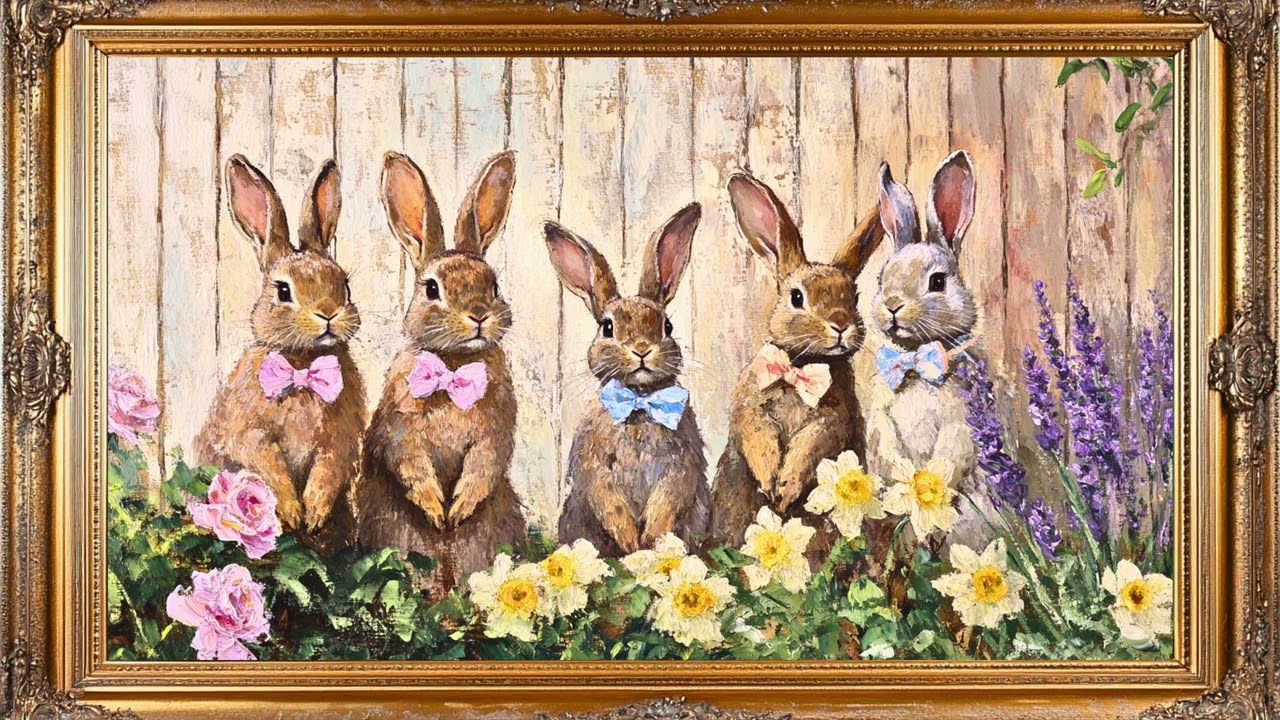 Vintage Easter Bunny Garden | Spring Frame TV Art Screensaver with Gold Frame | Easter Frame Art 4K