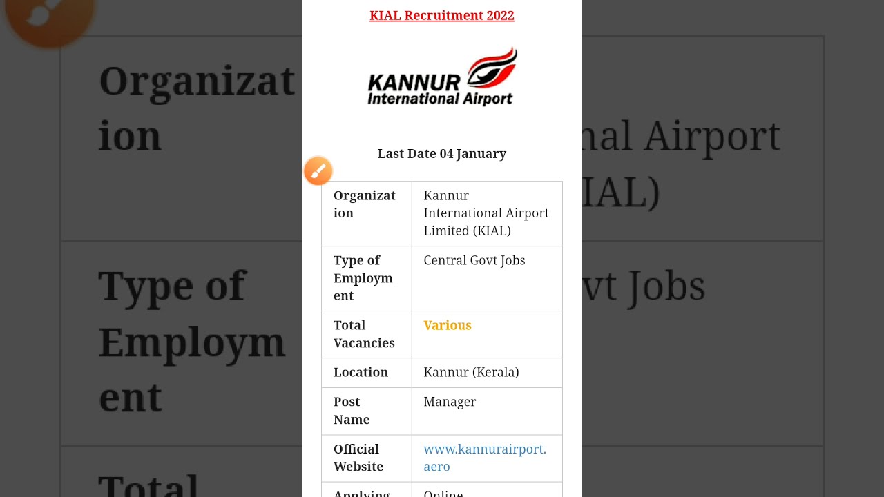 Kannur International Airport Limited - KIAL Recruitment 2022 - Last Date 04 January