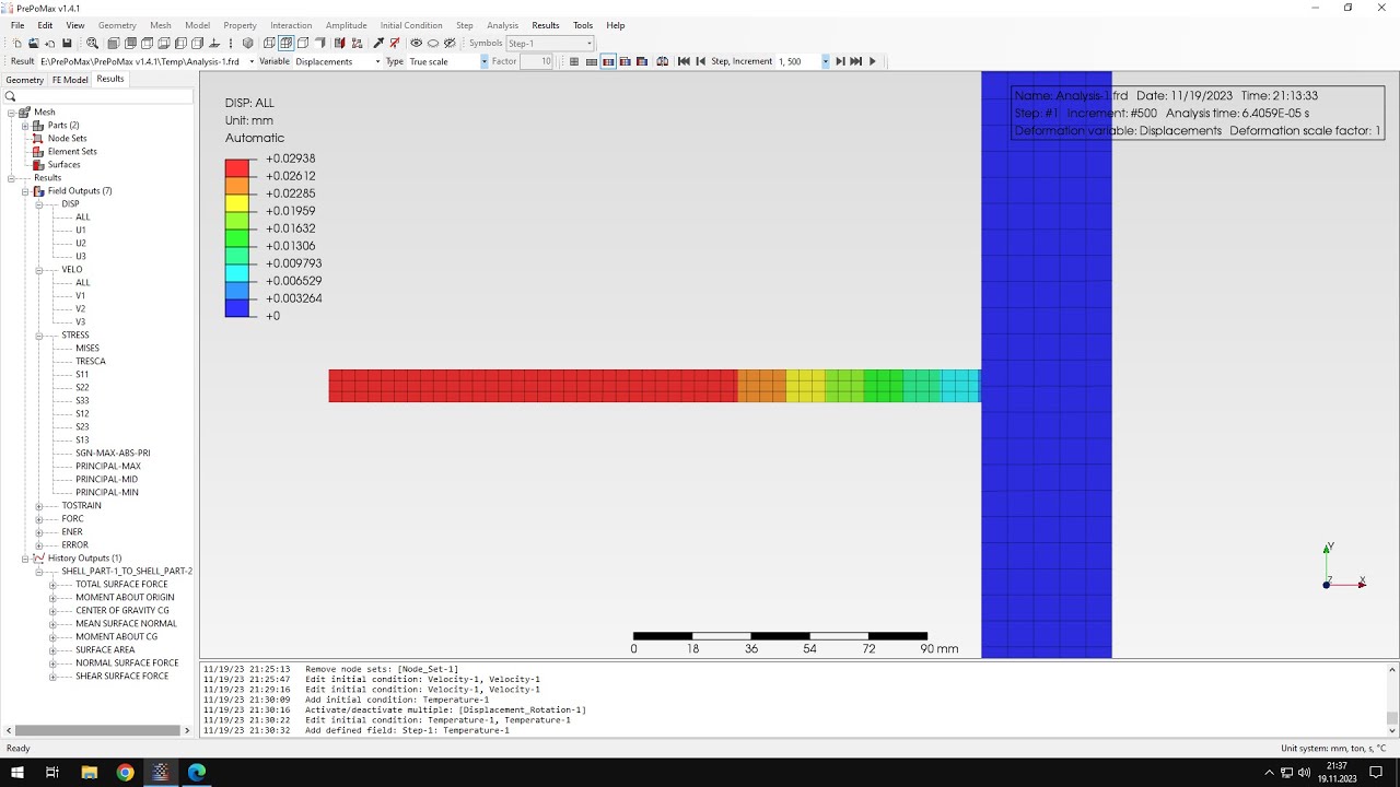 PrePoMax (CalculiX FEA) - Tutorial 38 - Explicit dynamics - bar impact