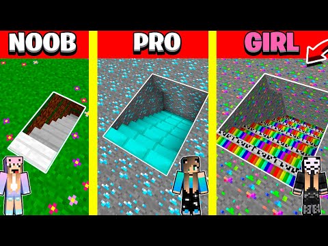 Minecraft Battle: RAINBOW TUNNEL PIT HOUSE BUILD CHALLENGE - NOOB vs PRO vs GIRL / Animation