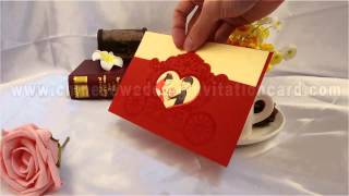 Traditional style pierced heart pattern red wedding invitation card