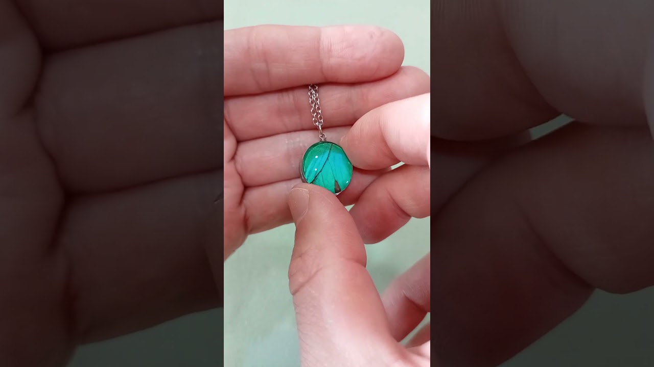 collana 18mm con vera ala di farfalla Papilio lorquinianus sotto lente di vetro design rivoluzionario brillantezza turchese
