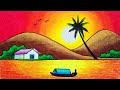 How To Draw Beautiful Sunset In The Island Scenery Oil Pastels Scenery Drawing