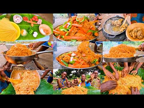 The EASIEST/TASTIEST Jollof Spaghetti Recipe Process In The village #food #foodie #africanvillage
