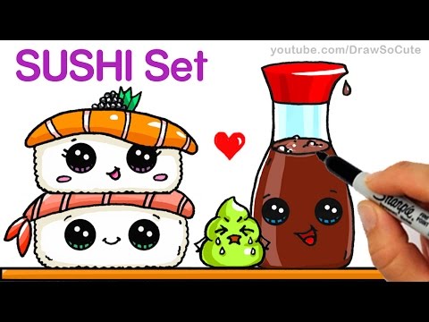 How to Draw Kawaii Sushi Easy - Sushi, Wasabi and Soy...