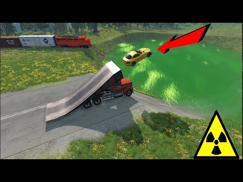 Cars and Ramp Truck vs Huge Pit and Trains | BeamNG.Drive