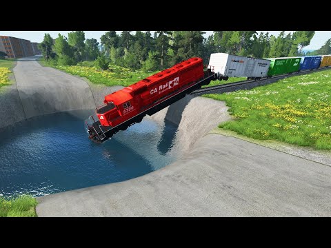 Trains vs Giant Pit, Huge Water Potholes – BeamNG.Drive | BeamNG Nation #22