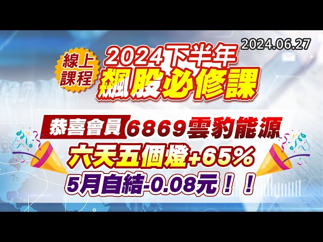 20240627《股市最錢線》#高閔漳 “線上課程：2024下半年飆股必修課 ””恭喜會員，6869雲豹能源，六天五個燈+65%，5月自結-0.08元！！”