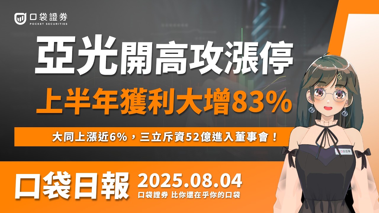 【口袋日報】亞光開高攻漲停,上半年獲利大增83%,大同上漲近6%,三立斥資52億進入董事會!2025.08.04