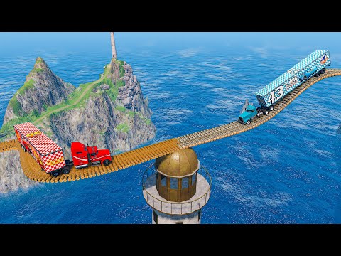 Mack truck vs Dinoco vs Impossible Log Wave Bridge Truck Car Rescue -Cars vs Deep Water-BeamNG.drive