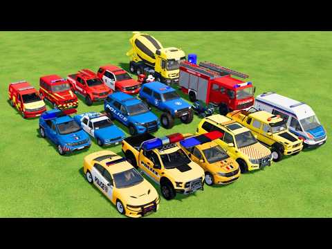 TRANSPORTING POLICE CARS, AMBULANCE, FIRE TRUCK, COLORFUL CARS WITH TRUCK  -FARMING SIMULATOR 22!