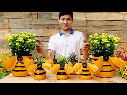 Recycle Plastic Bottles into Bees-shaped Flower Pots for Small Garden and Decor