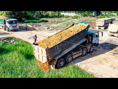 AMAZING! Start Project LANDFILL by Excellent Skill Driver Dozer SHANTUi DH17c3 &25T Trucks Unloading