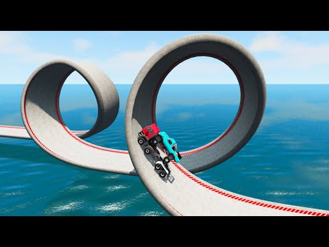 Impossible Double Loop Bridge Crossing Cars vs Deep Water - BeamNG.Drive