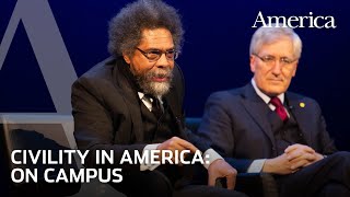 Video thumbnail for, "Civility on Campus" Two men sit on a stage.