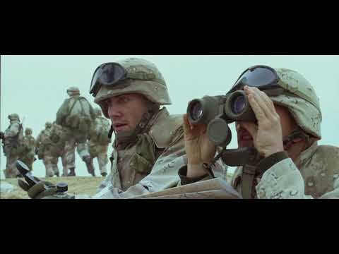 Jarhead 2005 official trailer still with Marines in desert and burning oil fields
