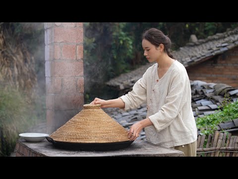 Creative girl making delicious Konjac tofu with duck meat | Country life food
