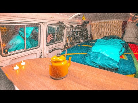 Van Camping in Rain - Sleeping in a Cold Night