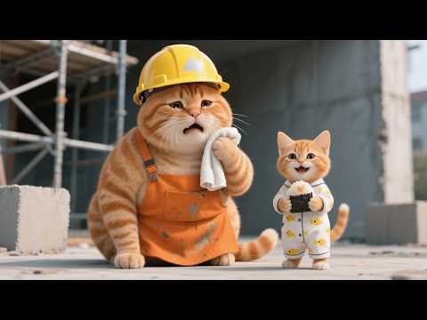Mama Cat Works Hard at Construction to Buy School Supplies—Ginger Kitten Prepares Food for Her 🐱