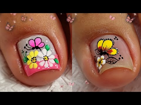 2 Modelos de UÑAS para PIES 🦶 /DISEÑOS de uñas con FLOR Y MARIPOSA 🦋 🌸