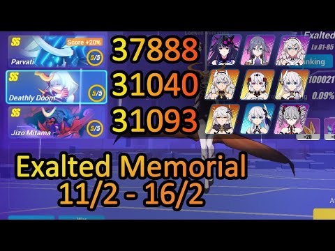 Parvati 37888 (+20%), Doom 31040, Jizo 31093 | 100k Exalted Memorial Arena Honkai Impact 3