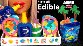 ASMR EATING REALISTIC CHOCOLATE FLIP FLOP, BEACH CAKE, EDIBLE SUN SPRAY BOTTLE, JULY BDAY MUKBANG 먹방