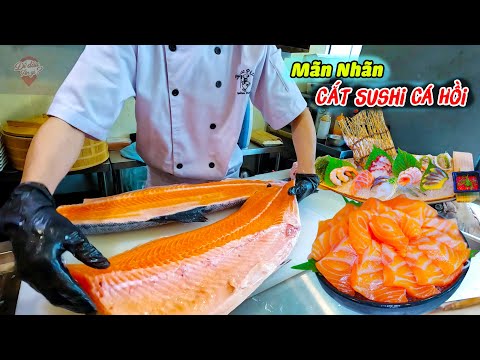 Trải Nghiệm ĂN BUFFET SUSHI Mãn nhãn với Màn CẮT CÁ HỒI Không động tác thừa của anh đầu bếp