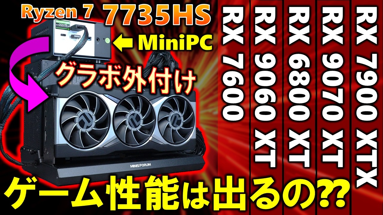 外付けグラボって性能でるの？？今回は、Ryzen 7 7735HS搭載のMini PCにOcuLinkで様々なグラボを接続して、性能が出るのかテストするぞ！