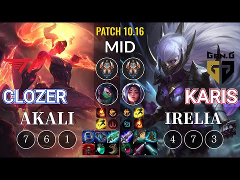T1 Clozer Akali vs GEN Karis Irelia Mid - KR Patch 10.16
