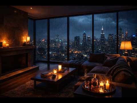 Soft Jazz On A Rainy NYC Penthouse Night 🌧️ Fireplace & Rain & Ambience (4 Hours)