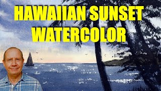 Hawaiian sunset and palm trees full watercolor tutorial. Watercolour painting of warm sky