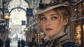 Steampunk victoriaans steampunk retrofuturisme victoriaans Onder met sneeuw bedekte zilveren luchten en langs zacht gloeiende straten een elegant koninkrijk