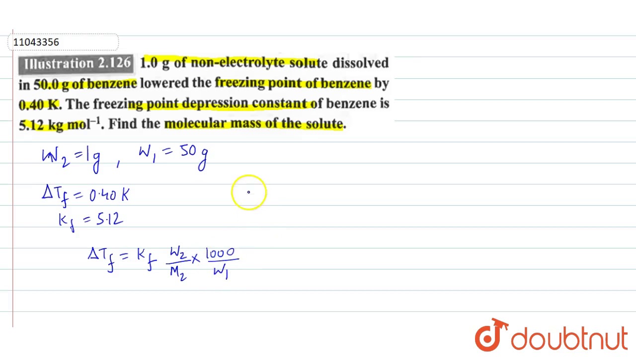 Watch video `1.0 g` of non-electrolyte solute dissolved in `50.0 g` of benzene lowered the freezing point of... Now `1.0 g` of non-electrolyte solute dissolved in `50.0 g` of benzene lowered the freezing point of...