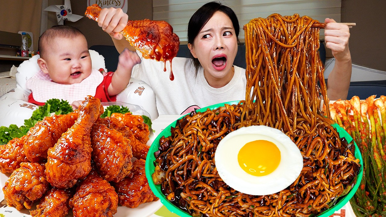 짜장면 양념치킨 극강의 배달음식 조합 먹방 (feat HARU) Crazy Delivery Food Jajangmyeon + Chicken Ssoyoung ASMR