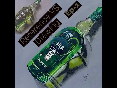 Reference VS Drawing Timelapse: A Bottle of Oddka - Hyperrealistic Art Closer Look Video