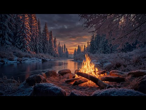 Crackling Fire at Winter Sunset 🔥 Campfire Ambience and Fireplace Sounds by a Forest River