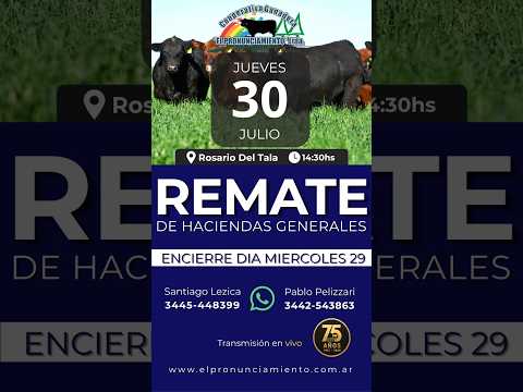 Remate de hacienda Rosario Del Tala 30-07-2026 | Coop. Ganadera El Pronunciamiento