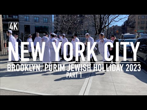 [4k] NEW YORK CITY walking tour, Brooklyn Purim Jewish Holiday Celebrations on March 2023 (PART 1)