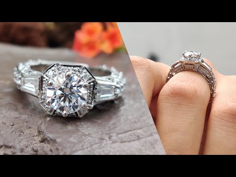 1.59 TCW Round Brilliant Cut and Tapered Baguette Moissanite Art Deco Engagement Ring | Wedding Ring