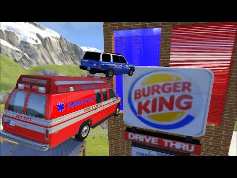 High Speed Jumps Over BURGER KING Through Blue Water Wall Or Laser Wall - BeamNG drive Crazy Vehicle