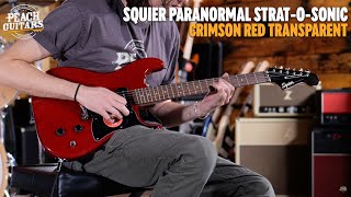 Video thumbnail for No Talking...Just Tones | Squier Paranormal Strat-O-Sonic | Laurel - Crimson Red Transparent by Peach Guitars