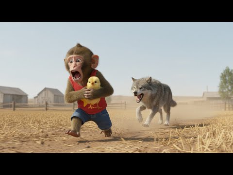 Monkey Macaca Saves a Little Chick from a Hungry Wolf in the Peaceful Farm Adventure